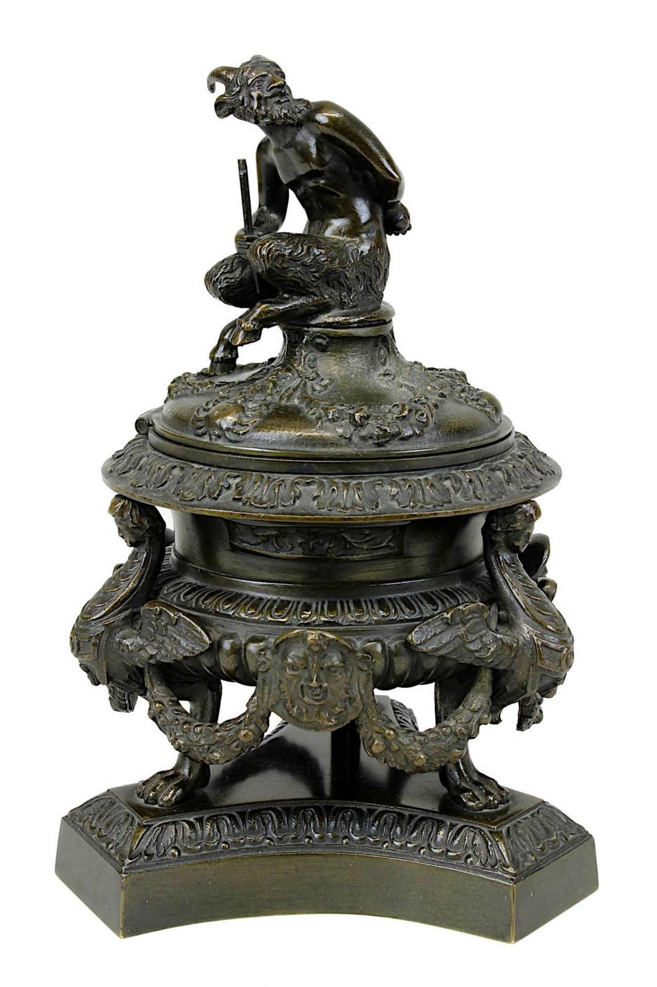 Skulpturales Bronze-Tintenfass mit Faun, wohl Ferdinand Barbedienne, Frankreich 19. Jh., in Form
