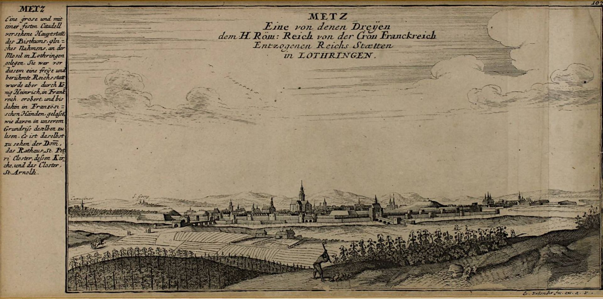 Metz und Toul, zwei Kupferstiche von Gabriel Bodenehr um 1720, jeweils Gesamtansicht der Stadt, - Bild 4 aus 5