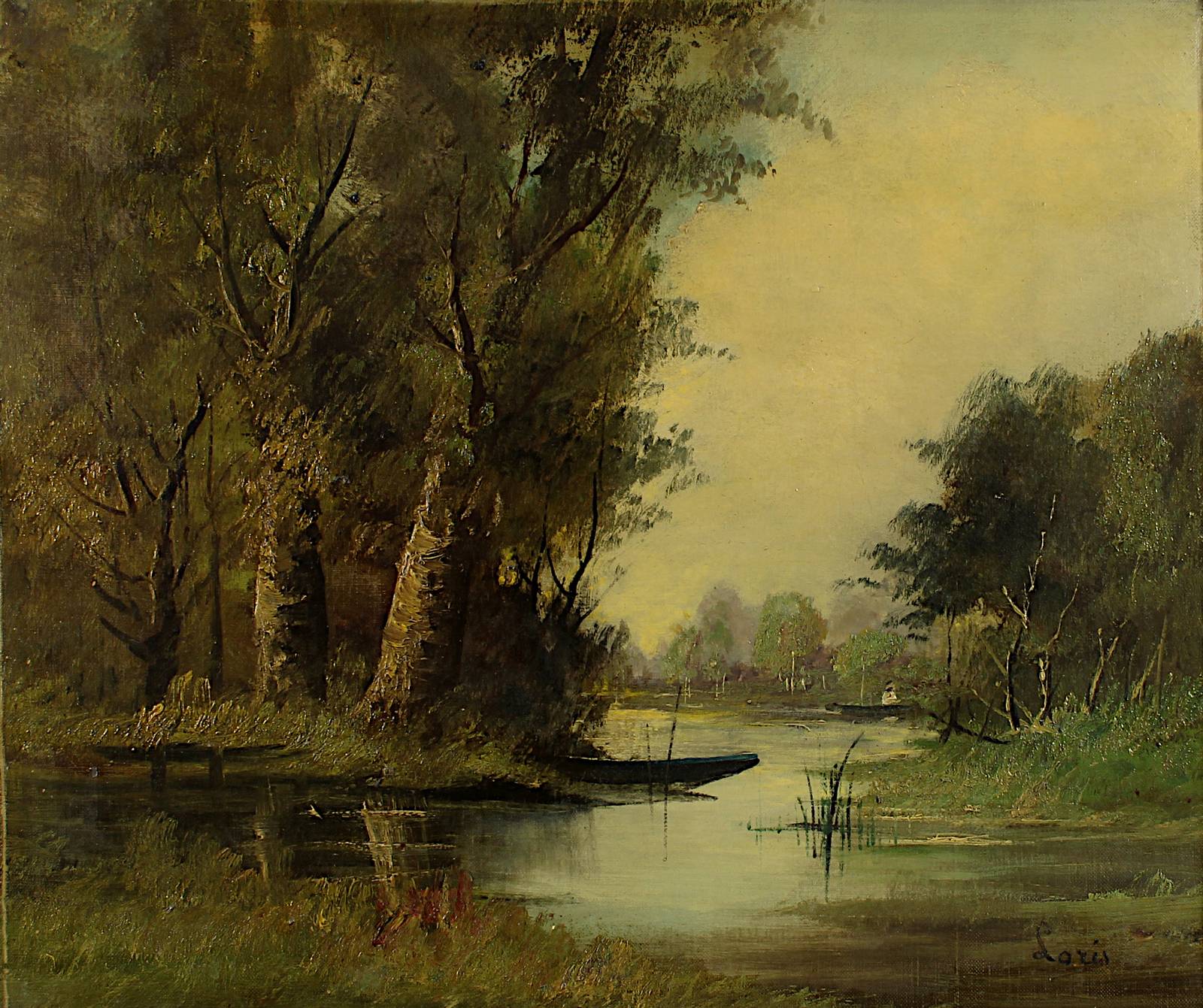 Loris, wohl französischer Landschaftsmaler, 2. H. 19. Jh., baumgesäumter Wasserlauf, Öl auf - Image 2 of 3