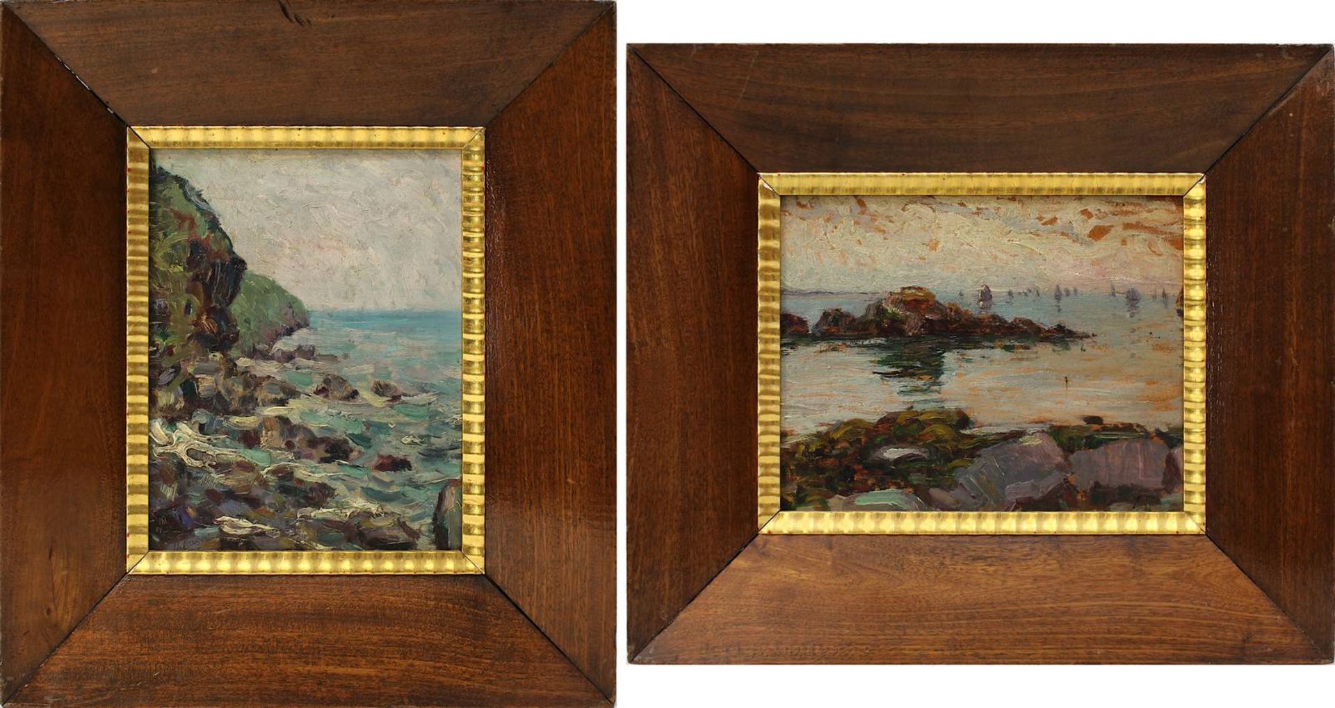 Vauseel, H. (?), Landschaftsmaler Anfang 20. Jh., felsige Küstenlandschaft, Öl auf Holz, links