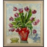 Mosblech, Wilhelm Carl (Barmen 1868 - 1934 Düsseldorf), Tulpen in roter Vase, Öl auf Platte, re.