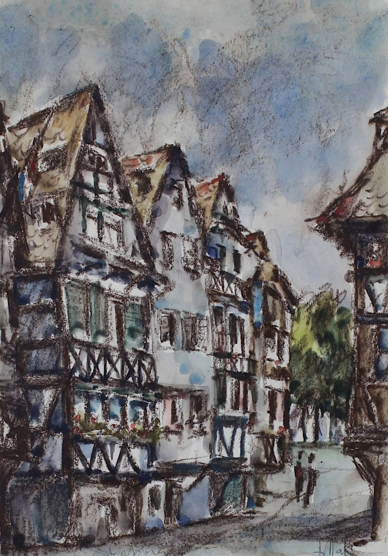 Dahlem, Hans (Blieskastel 1928 - 2006 Saarbrücken), "Straßburg", Altstadtpartie mit Fachwerkhäusern, - Bild 2 aus 2