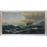 Jensen, Max (tätig von 1877 - 1908), Marinemaler, Segelschiff in bewegter See vor Felsenküste, Öl