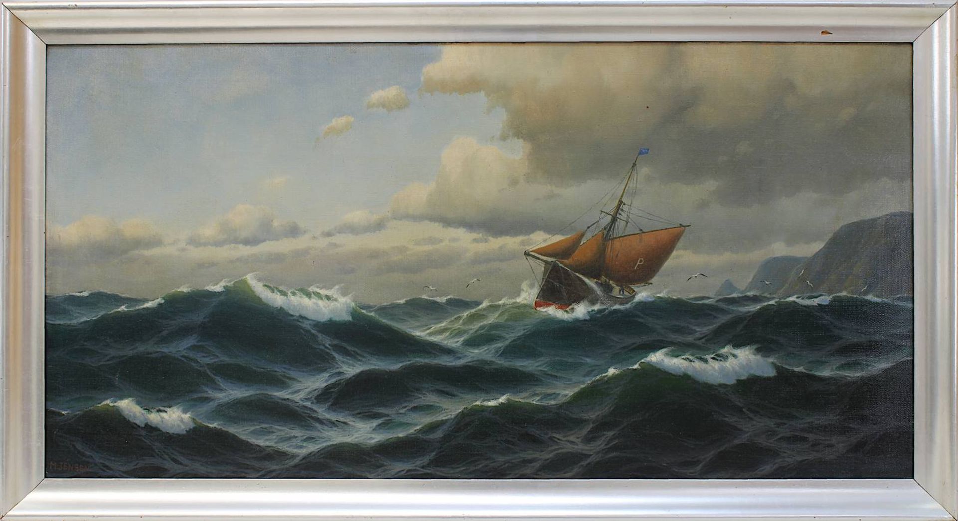 Jensen, Max (tätig von 1877 - 1908), Marinemaler, Segelschiff in bewegter See vor Felsenküste, Öl