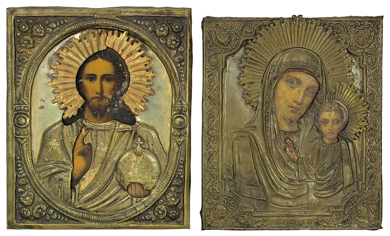 Zwei Ikonen, Russland 2. H. 19. Jh., Christus Pantokrator mit teils versilbertem dekorativem