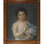 Bildnissmaler 1. H. 19. Jh., Biedermeier-Kinderbild, Pastell, junges Mädchen mit Blumenkorb, 53 x 43