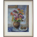 Künstler 20. Jh., Zinnien in brauner Vase, Blumenstilleben in Aquarell-Mischtechnik, re. unt.