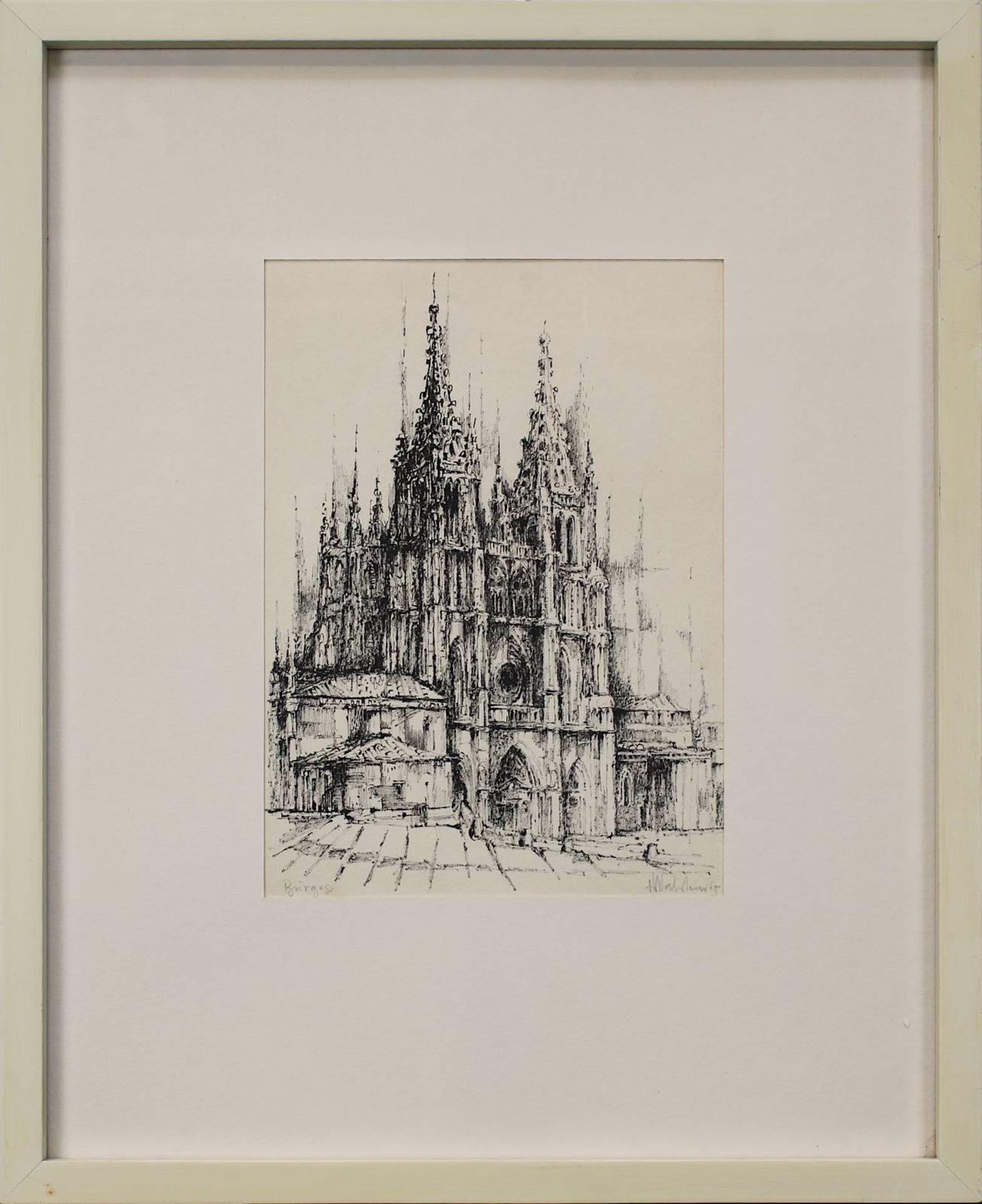 Dahlem, Hans (Blieskastel 1928 - 2006 Saarbrücken), Burgos, Blick auf die Kathedrale, Tusche-