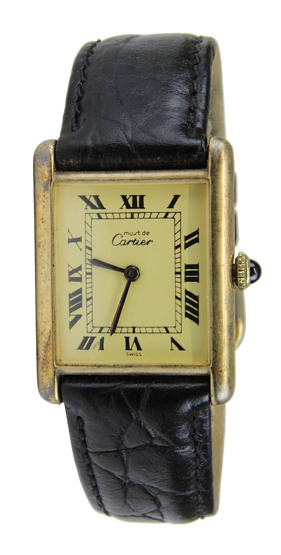 Cartier Tank Damenarmbanduhr, Paris um 1990, Silber vergoldetes rechteckiges Gehäuse, mit original