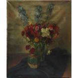 Leussink, H., niederländischer Stillebenmaler, Stillleben mit Gartenblumen und Teedose, um 1900,