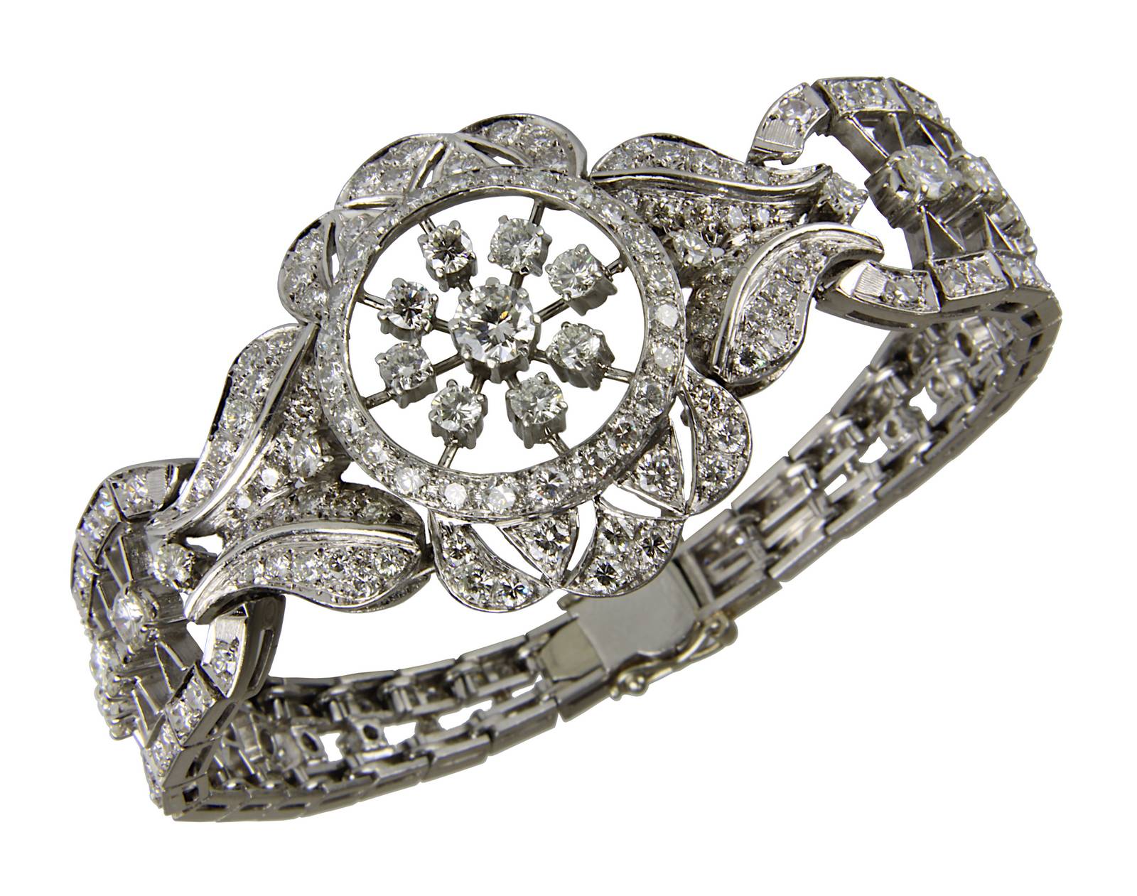 Art - Déco Damenarmband aus Platin mit Diamanten, Frankreich um 1930, Blütenförmiges Mittelstück,
