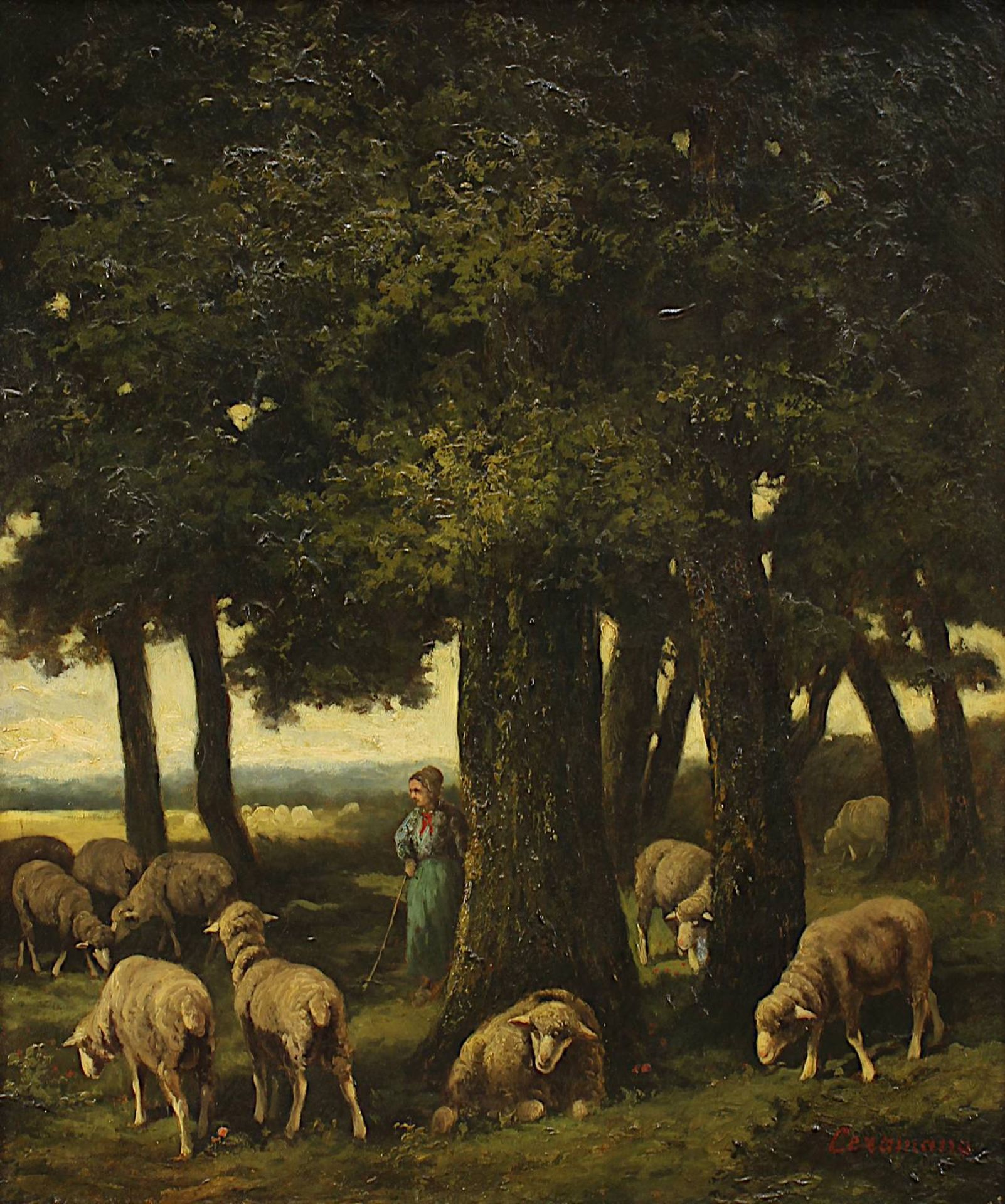 Ceramano, Charles Ferdinand (Tielt 1831 - 1909 Barbizon), Schäferin mit ihrer Herde unter Bäumen, - Bild 2 aus 4