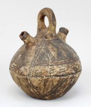 Berber-Henkelkanne mit 2 Ausgüssen, Kabylei, Algerien wohl um 1900, bauchige Kanne, Keramik roter
