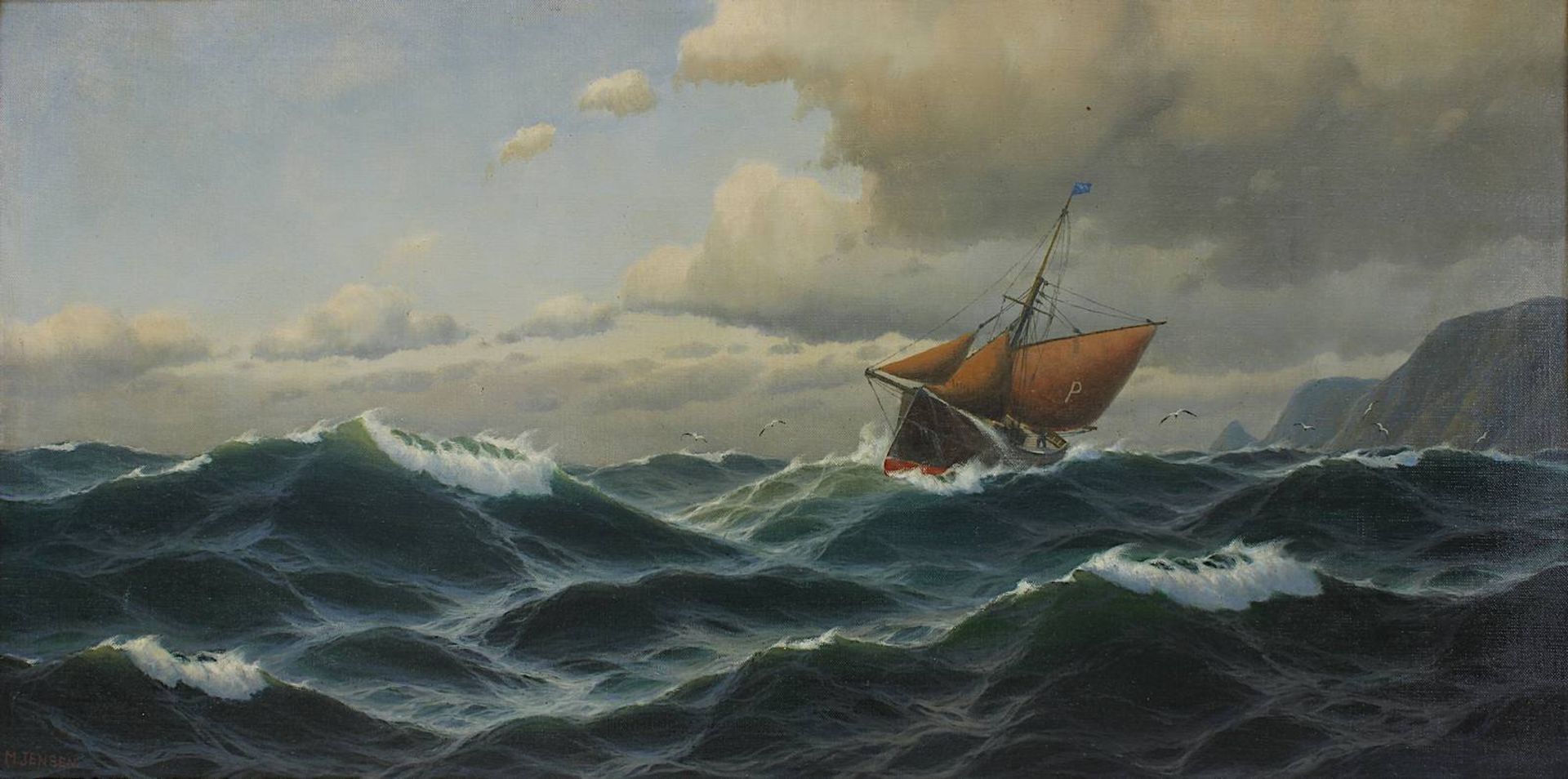 Jensen, Max (tätig von 1877 - 1908), Marinemaler, Segelschiff in bewegter See vor Felsenküste, Öl - Image 2 of 4