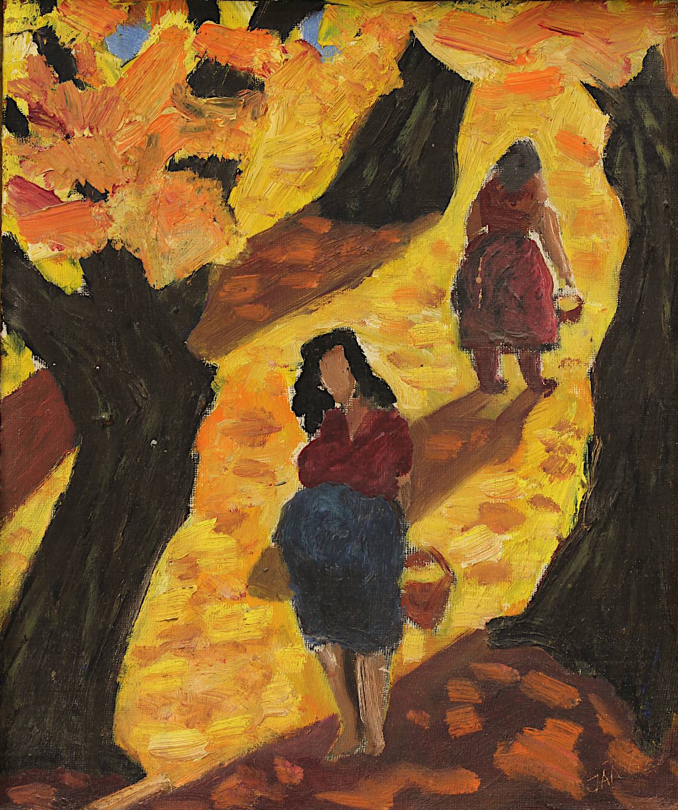 JAN, tschechischer Künstler Mitte 20. Jh., Zwei Frauen unter Herbstbäumen, Öl auf Malkarton, re. - Image 2 of 4