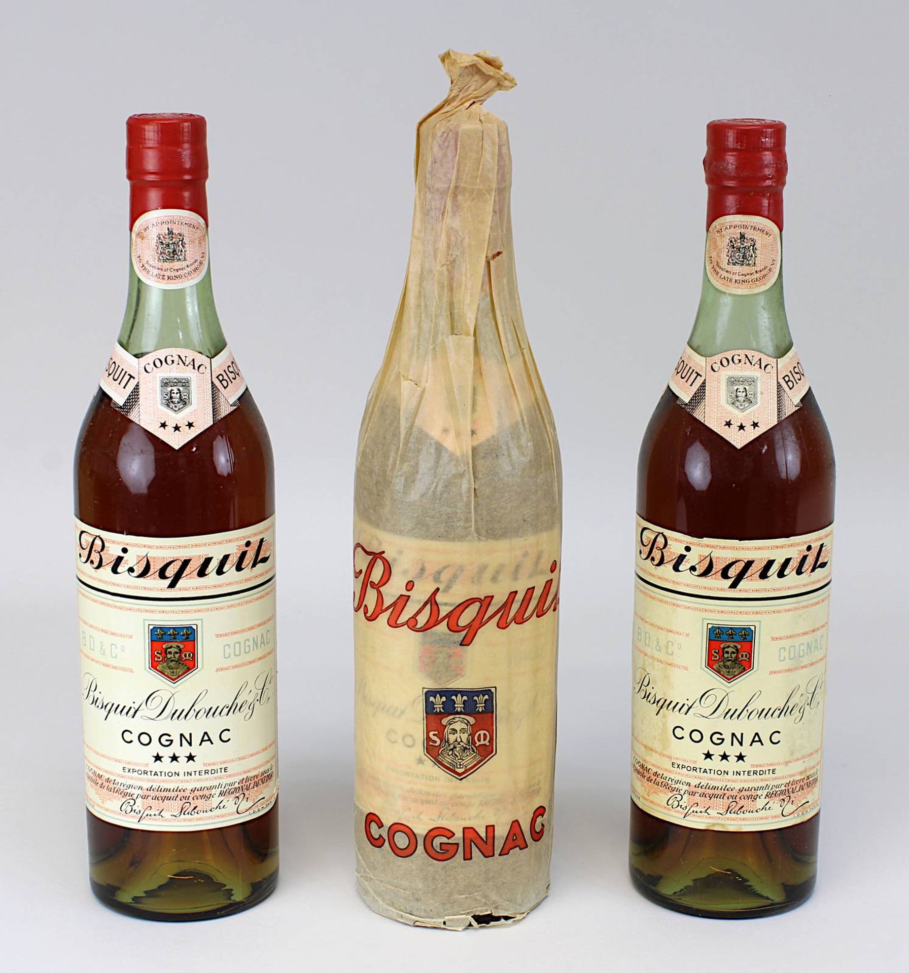 Drei Flaschen Cognac, 1960er Jahre, Bisquit Dubouché & Co., Regional Jaune D´Or, Füllhöhe: obere