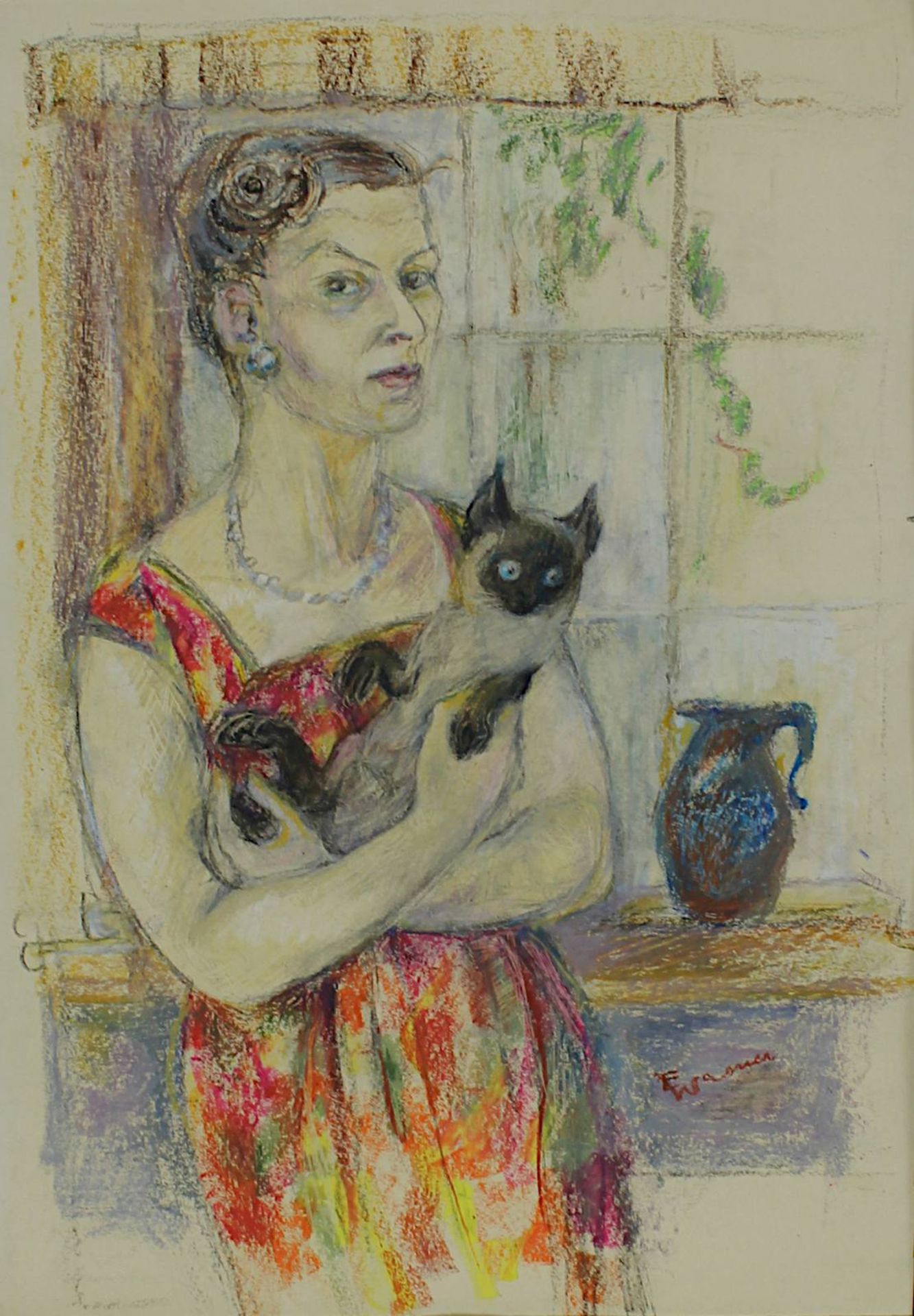 Künstlerin der klassischen Moderne, expressive Ausführung einer Frau mit laszivem Blick mit Katze, - Image 2 of 3