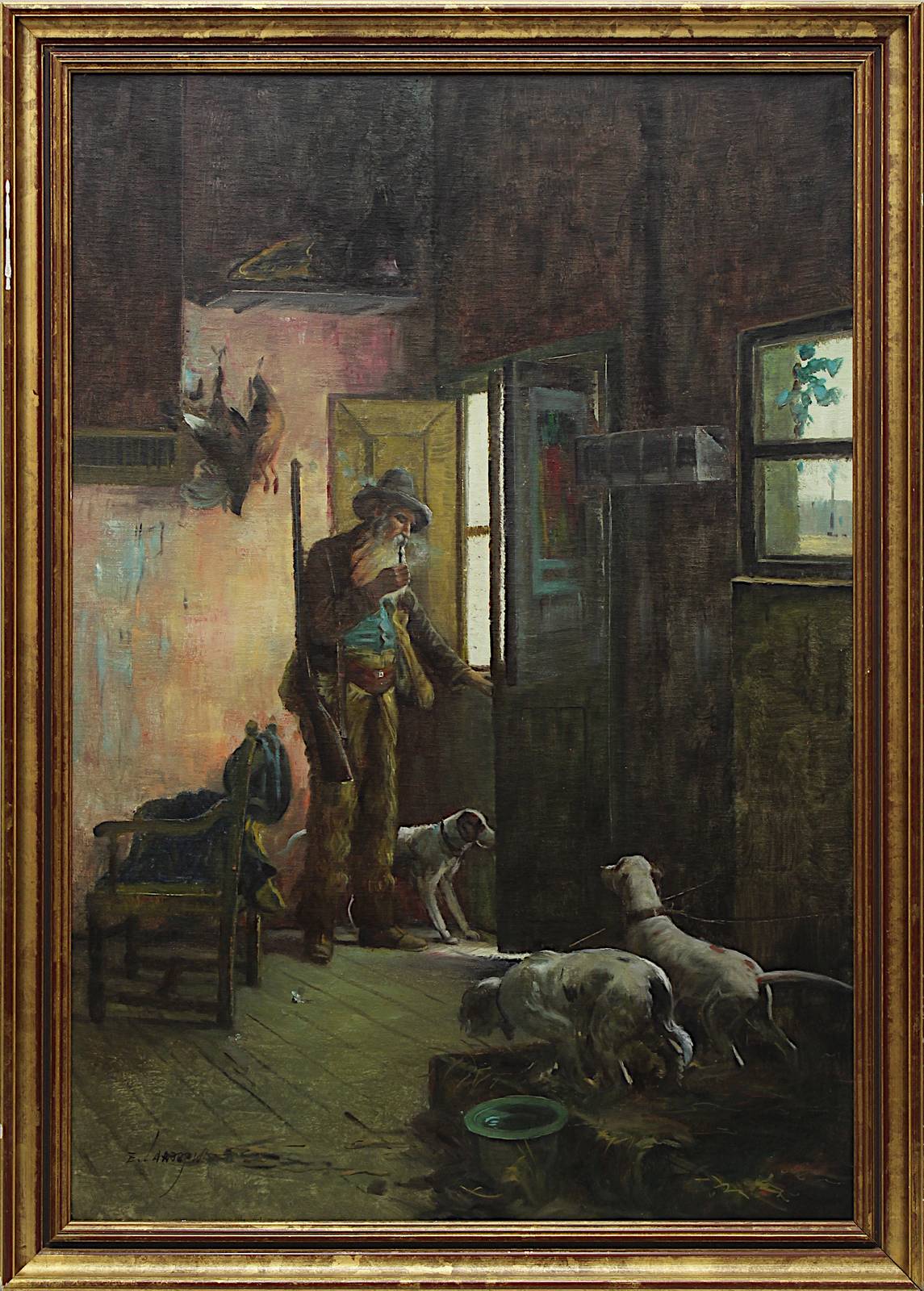 Alpenländischer Genremaler, Jäger mit Jagdhunden im Interieur, um 1920, Öl auf Leinwand,  li. u.