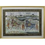 Malerei, Indien, 20. Jh., Zwei Edle zu Pferd mit Leibwache an einem Flußufer, Malerei auf Stoff,