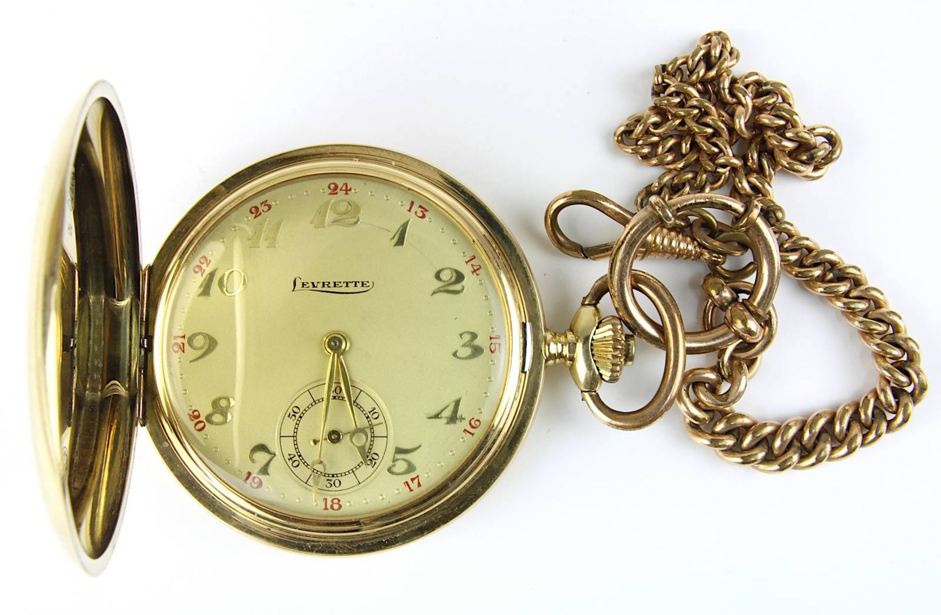 Goldene Savonette-Taschenuhr Levrette, Schweiz um 1910, 3-Deckel-Gehäuse 585-er Gelbgold, jew.