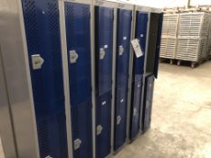 Three Blocks of Lockers, four lockers per block, (no keys), sloping tops, approx. 0.6m x 0.45m x 1.