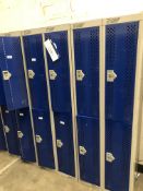 Three Blocks of Lockers, four lockers per block, (no keys), sloping tops, approx. 0.6m x 0.45m x 1.