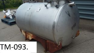 Stainless Steel 1500L Single Skin Horizontal Tank, on a mild steel skid (Ex Brewery), free loading