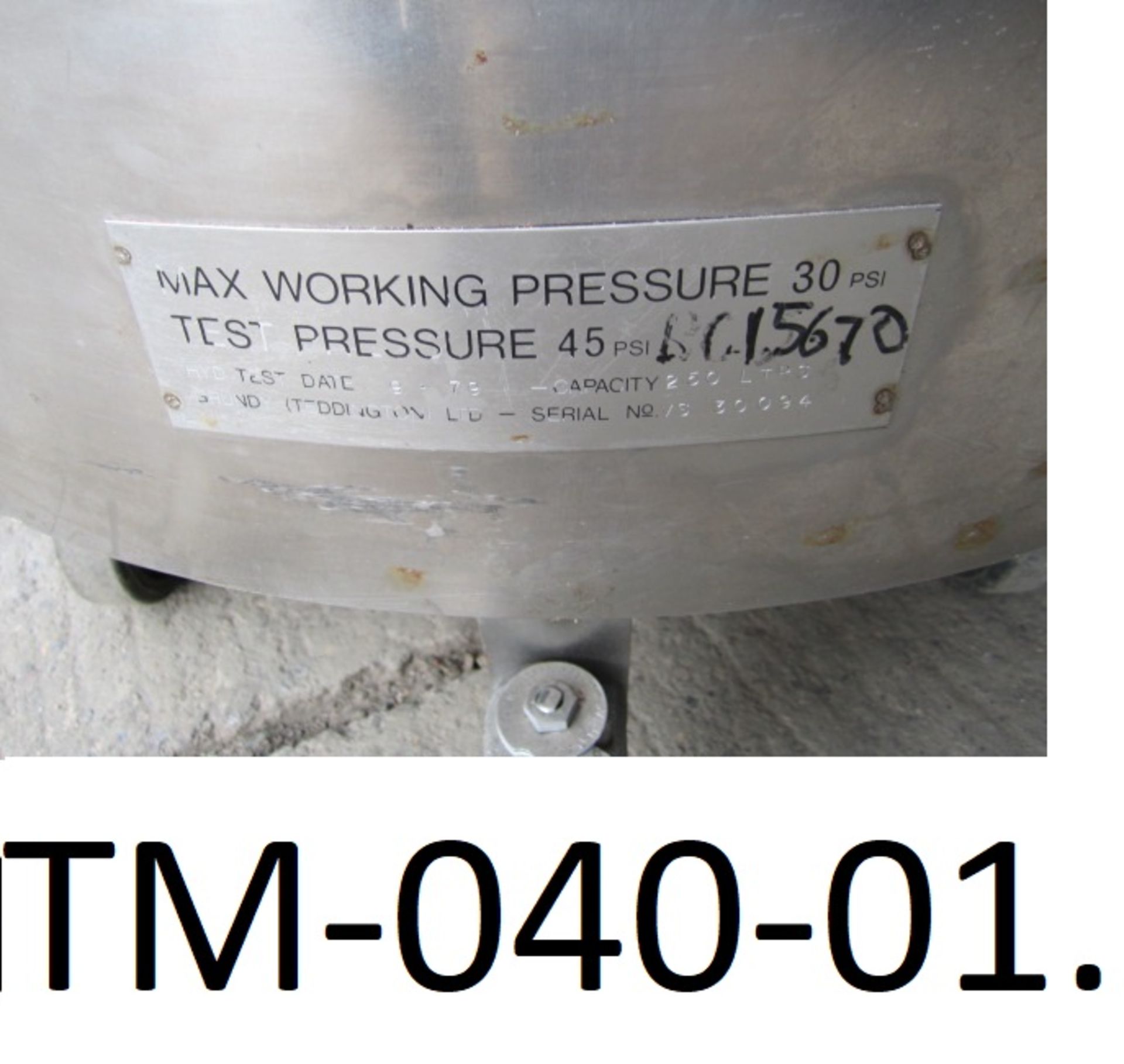 Grundy 250L Stainless Steel Pressure Vessel. with insulated cooling coils attached to the outside - Image 2 of 4