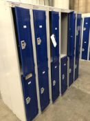 Three Blocks of Lockers, four lockers per block, (no keys), sloping tops, approx. 0.6m x 0.45m x 1.