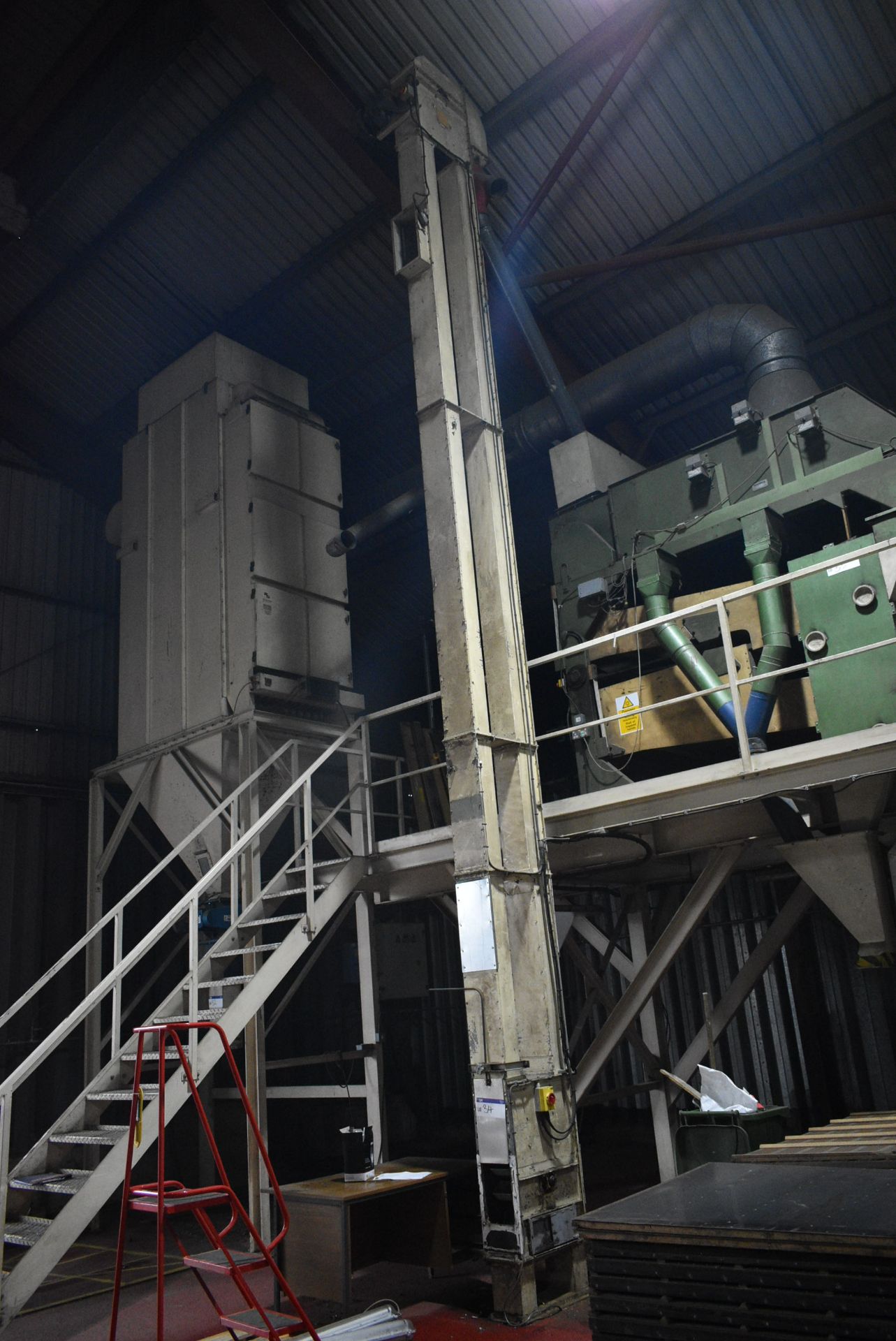 150mm Belt & Bucket Elevator, approx. 7.8m centres high, with electric motor drive and shaft mounted