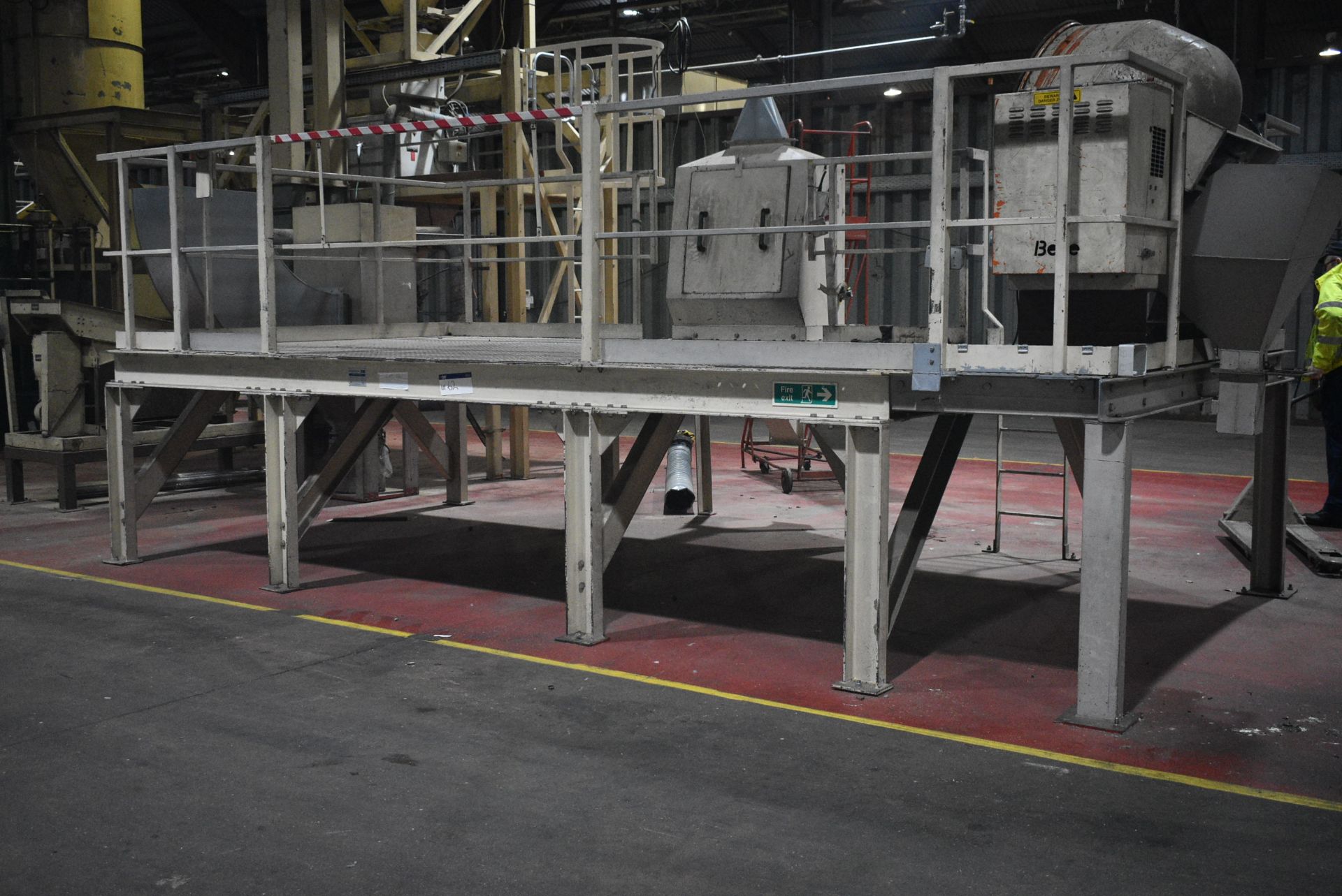 Bolted Steel Access Flooring, approx. 2.8m x 5.8m, with access ladder, barrier rails and fork lift