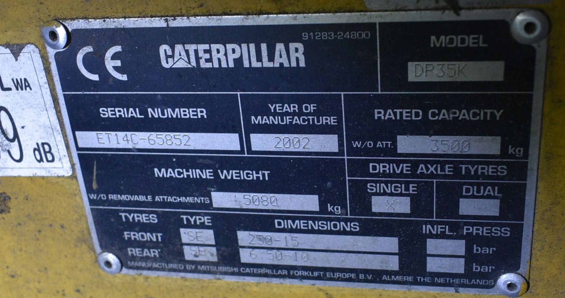 Caterpillar DP35K 3500kg rated capacity DIESEL ENGINE FORK LIFT TRUCK, serial no. ET14C-65 852, year - Image 7 of 11