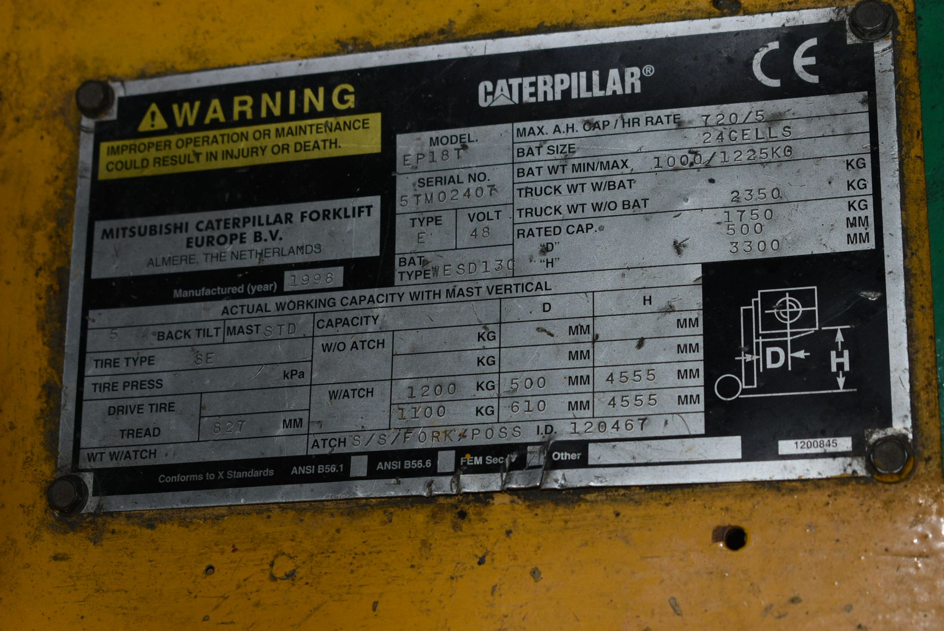 Caterpillar EP18T 1750kg capacity BATTERY ELECTRIC THREE WHEEL FORK LIFT TRUCK, serial no. 5TM02407, - Image 6 of 9