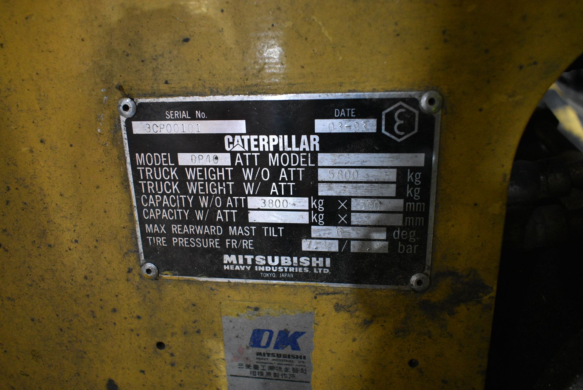 Caterpillar DP40 DIESEL ENGINE FORK LIFT TRUCK, serial no. 3CP00101, year of manufacture 1993, - Image 9 of 10