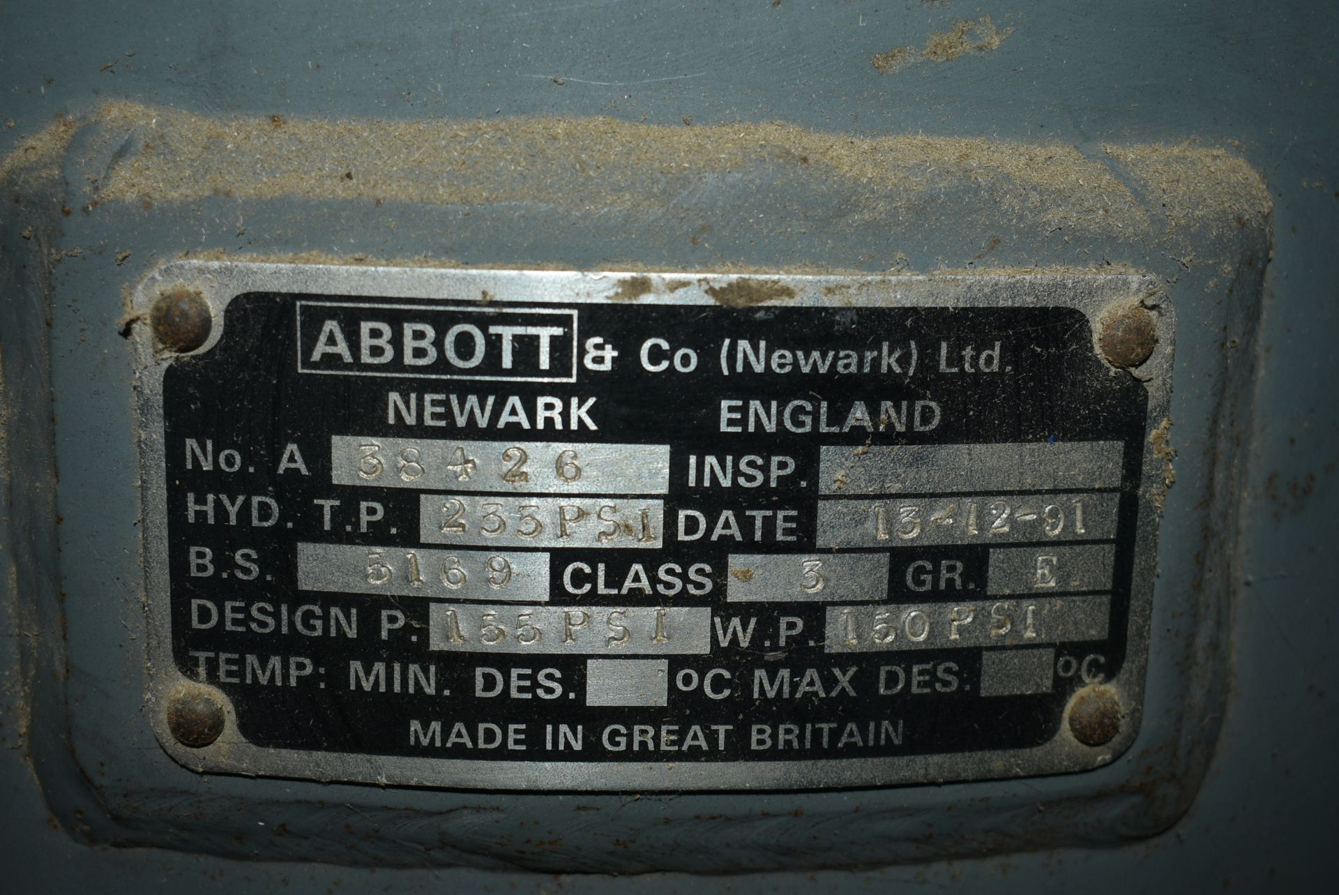 Abbott Vertical Welded Steel Air Receiver, serial - Image 3 of 3