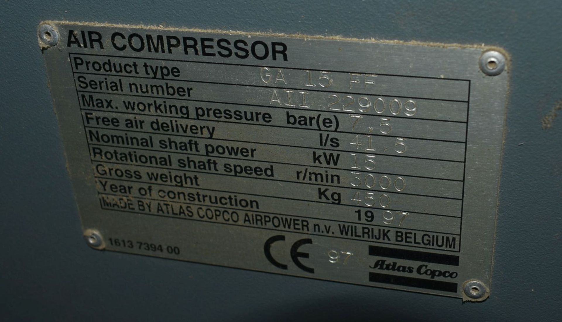 Atlas Copco GA15FF PACKAGE AIR COMPRESSOR, serial no. A11 229000, 450kg, year of manufacture 1997, - Image 3 of 3