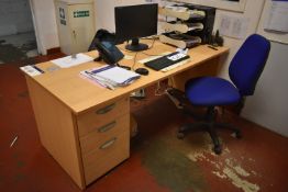 Light Oak Veneered Desk, with three drawer desk pe