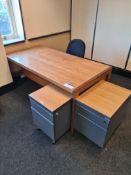 Oak Veneered Desk, Two Grey Veneered 2 Drawer Pedestals and Fabric Backed Metal Framed Chair