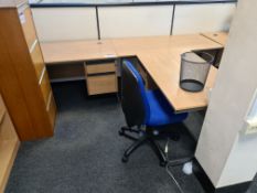 Two Light Oak Veneered Pedestal Desks, Light Oak Veneered Table and Fabric Backed Swivel Armchair