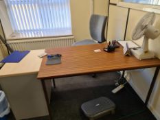 Oak Veneered Desk, Light Oak Veneered 3 Drawer Pedestal and Fabric Backed Swivel Armchair