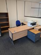 Two Light Oak Veneered Desks, Grey Veneered 2 Drawer Pedestal, Light Oak Veneered 4 Tier Shelving