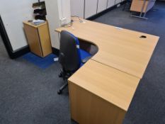 Light Oak Veneered Curved Desk, Two Light Oak Veneered 3 Drawer Pedestal, Light Oak Veneered 2