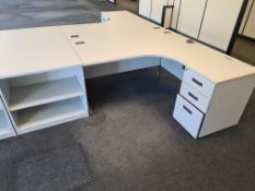 Light Grey Veneered Curved Desk, Light Grey Veneered 2 Tier Shelving Unit and Light Oak Veneered 3