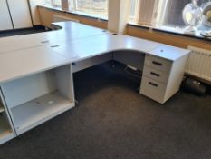Light Grey Veneered Curved Desk, Light Grey Veneered 2 Tier Shelving Unit and Light Oak Veneered 3