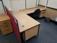 Two Light Oak Veneered Pedestal Desks, Fabric Backed Swivel Armchair and Floor Standing Divider