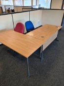 Two Light Oak Veneered Tables, Light Oak Veneered Desk, Two Fabric Backed Swivel Chairs