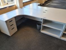 Light Grey Veneered Curved Desk, Light Grey Veneered 2 Tier Shelving Unit and Light Oak Veneered 3