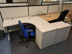 Light Oak Veneered Curved Desk, Two Light Oak Veneered Desks, Four Light Oak Veneered 3 Drawer