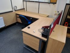 Two Light Oak Veneered Pedestal Desks, Fabric Backed Swivel Armchair and Floor Standing Divider