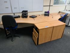 Two Light Oak Veneered Curved Desks, Two Light Oak Veneered 3 Drawer Pedestals and Two Fabric Backed